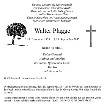 Anzeige von Walter Plagge von Westfälische Nachrichten