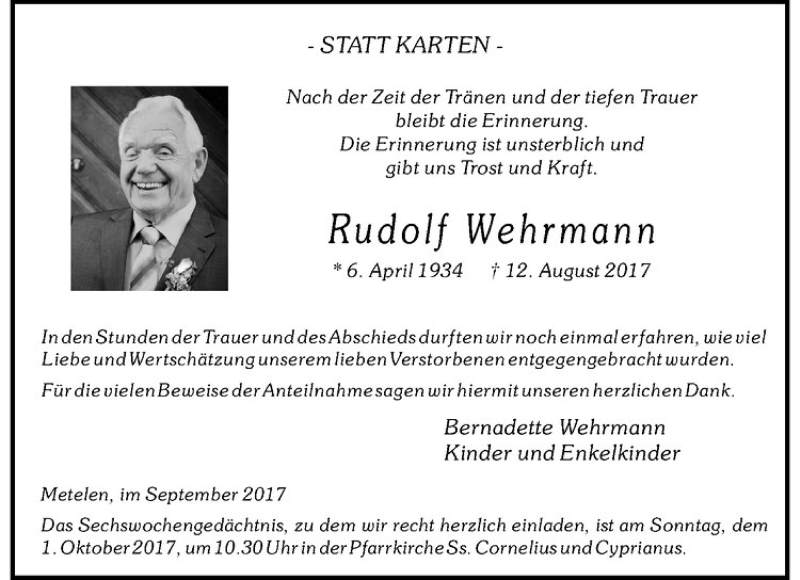  Traueranzeige für Rudolf Wehrmann vom 28.09.2017 aus Westfälische Nachrichten