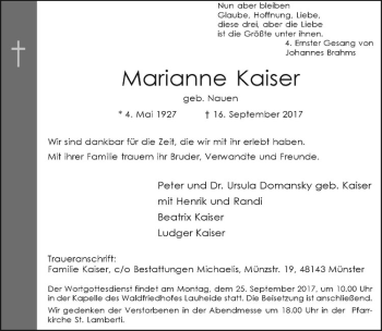 Anzeige von Marianne Kaiser von Westfälische Nachrichten