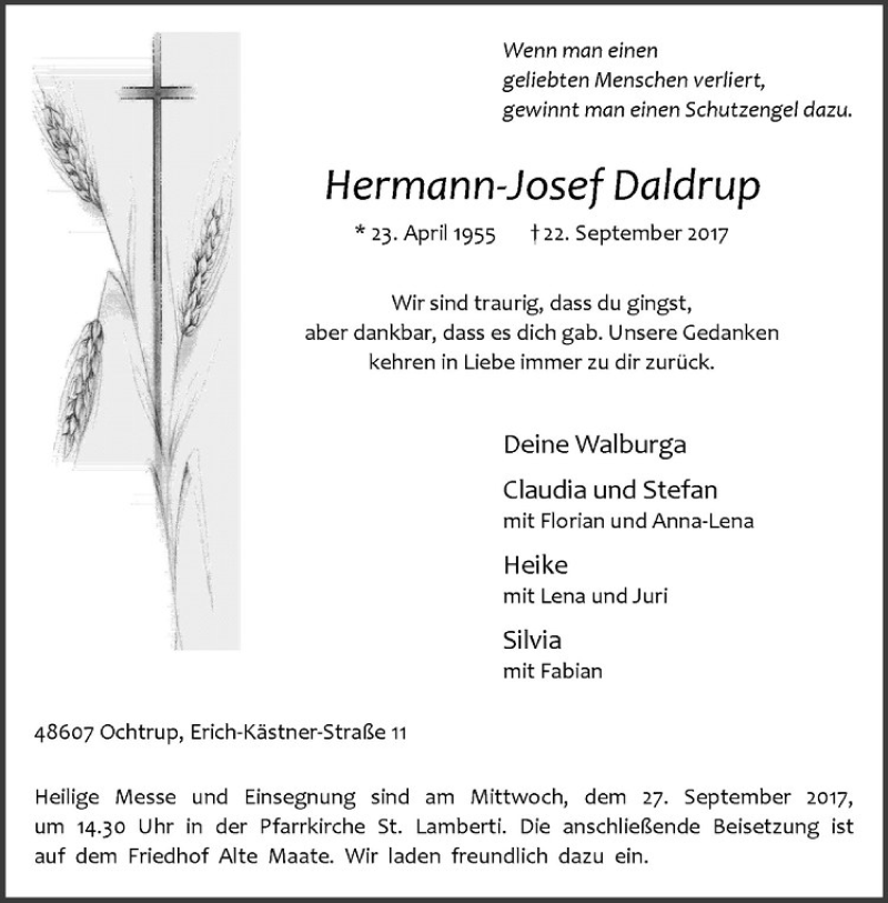  Traueranzeige für Hermann-Josef Daldrup vom 25.09.2017 aus Westfälische Nachrichten