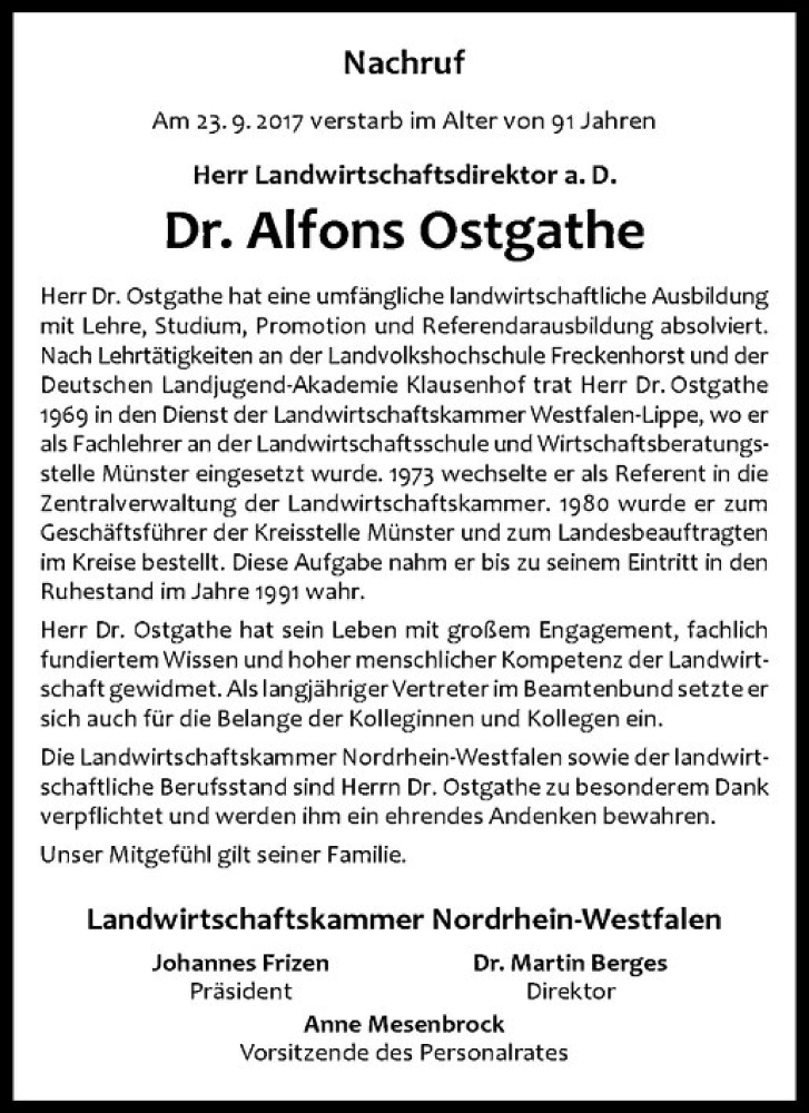  Traueranzeige für Alfons Ostgathe vom 30.09.2017 aus Westfälische Nachrichten