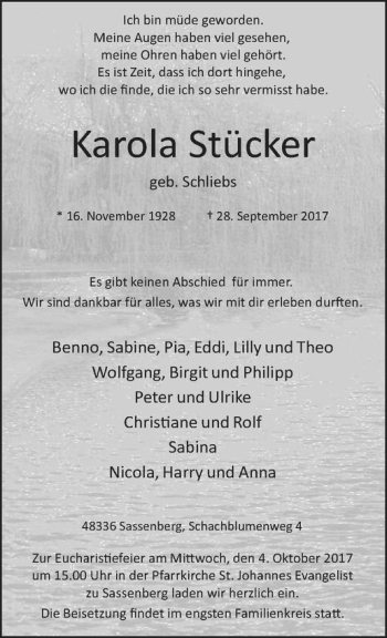 Anzeige von Karola Stücker von Westfälische Nachrichten