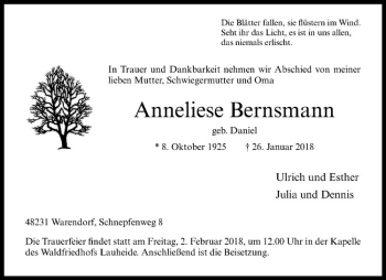 Anzeige von Anneliese Bernsmann von Westfälische Nachrichten