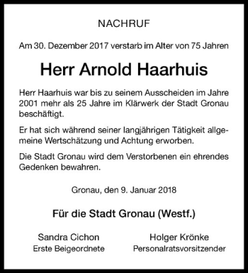 Anzeige von Arnold Haarhuis von Westfälische Nachrichten