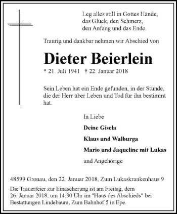 Anzeige von Dieter Beierlein von Westfälische Nachrichten