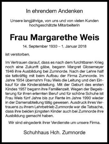 Anzeige von Margarethe Weis von Westfälische Nachrichten