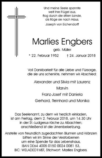 Anzeige von Marlies Engbers von Westfälische Nachrichten