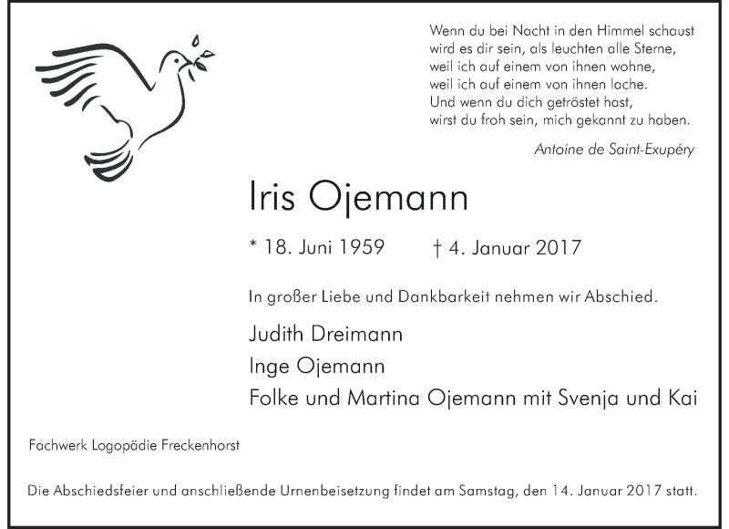  Traueranzeige für Iris Ojemann vom 09.01.2017 aus Westfälische Nachrichten