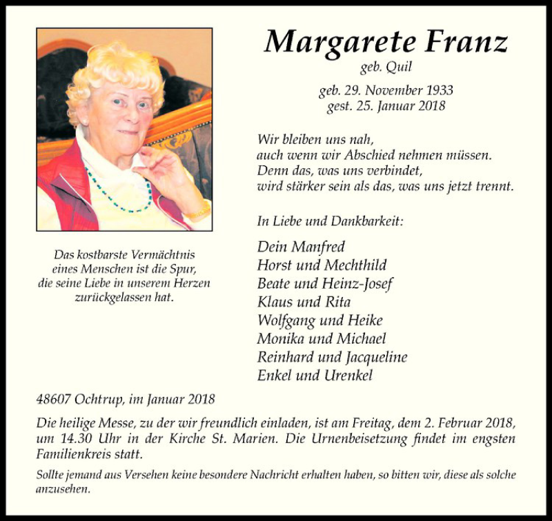  Traueranzeige für   vom 30.01.2018 aus Westfälische Nachrichten