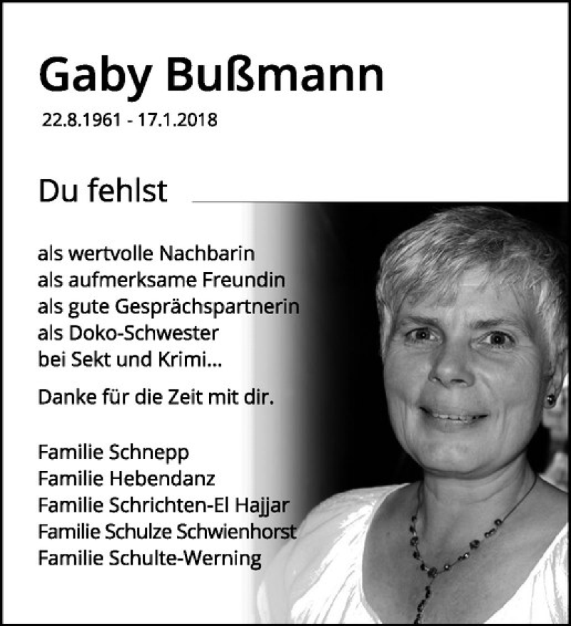  Traueranzeige für Gabriele Bußmann-Strelow vom 24.01.2018 aus Westfälische Nachrichten