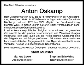 Anzeige von Anton Oskamp von Westfälische Nachrichten