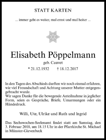 Anzeige von Elisabeth Pöppelmann von Westfälische Nachrichten