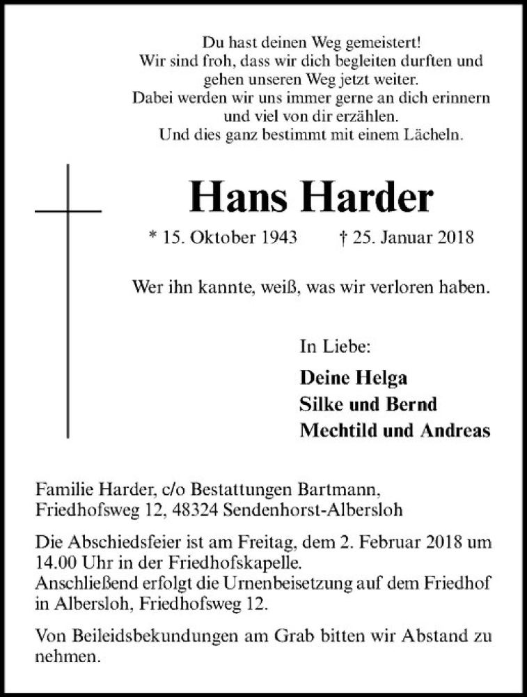 Traueranzeigen von Hans Harder | www.trauer.ms