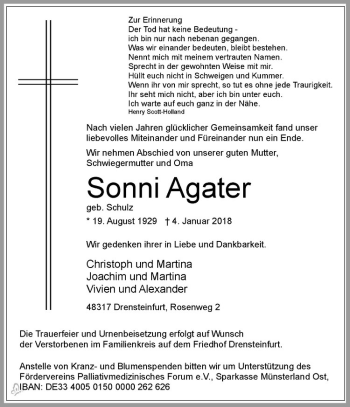 Anzeige von Sonni Agater von Westfälische Nachrichten