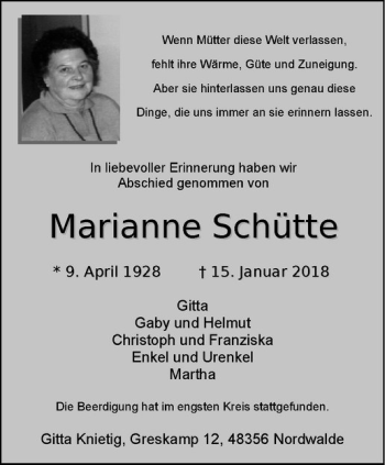 Anzeige von Marianne Schütte von Westfälische Nachrichten