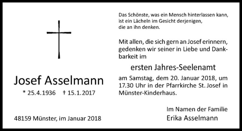  Traueranzeige für Josef Asselmann vom 13.01.2018 aus Westfälische Nachrichten