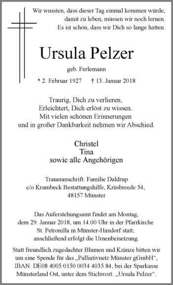 Anzeige von Ursula Pelzer von Westfälische Nachrichten