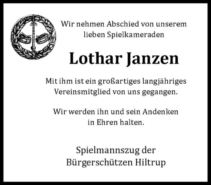  Traueranzeige für Lothar Janzen vom 27.01.2018 aus Westfälische Nachrichten