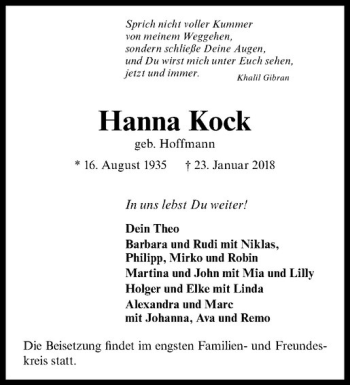 Anzeige von Hanna Kock von Westfälische Nachrichten