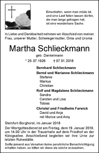 Anzeige von Martha Schlieckmann von Westfälische Nachrichten