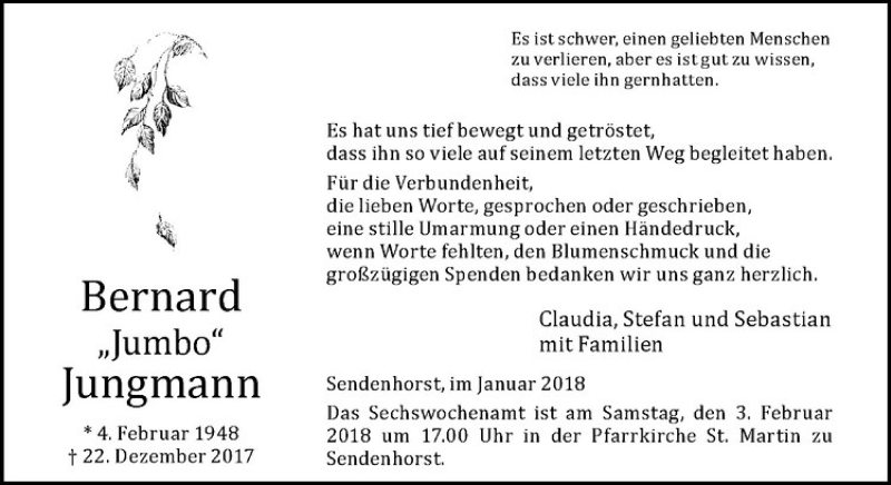  Traueranzeige für Bernard Jungmann vom 31.01.2018 aus Westfälische Nachrichten