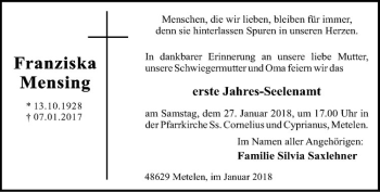 Anzeige von Franziska Mensing von Westfälische Nachrichten