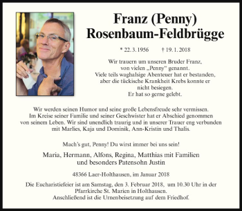 Anzeige von Franz Rosenbaum-Feldbrügge von Westfälische Nachrichten