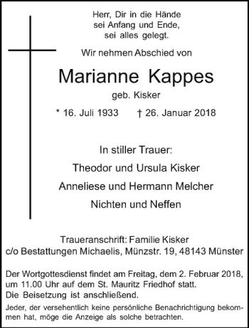 Anzeige von Marianne Kappes von Westfälische Nachrichten