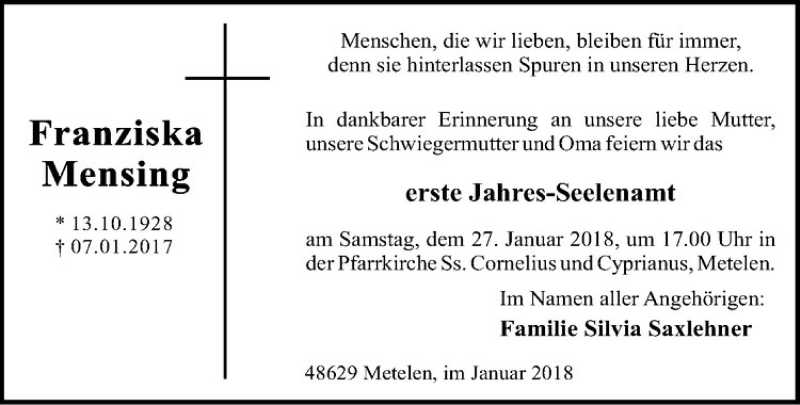  Traueranzeige für Franziska Mensing vom 25.01.2018 aus Westfälische Nachrichten