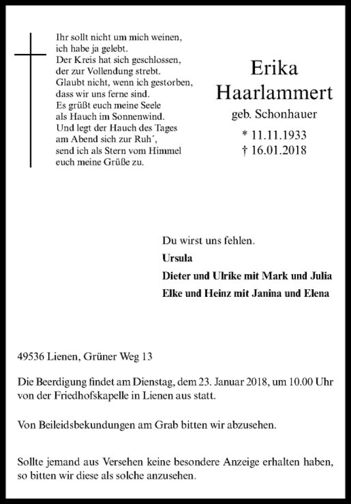  Traueranzeige für Erika Haarlammert vom 20.01.2018 aus Westfälische Nachrichten