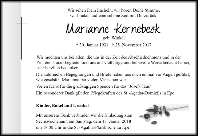  Traueranzeige für Marianne Kernebeck vom 06.01.2018 aus Westfälische Nachrichten