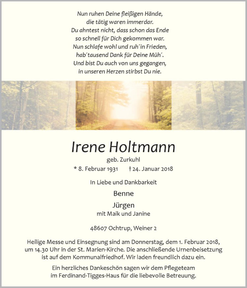  Traueranzeige für Irene Holtmann vom 26.01.2018 aus Westfälische Nachrichten