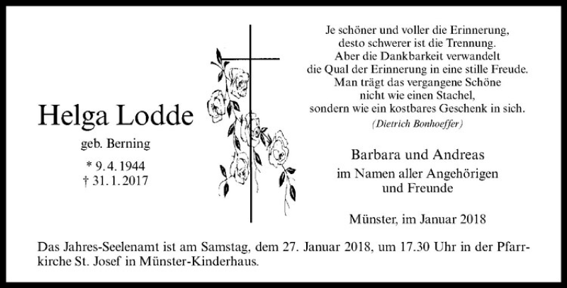  Traueranzeige für Helga Lodde vom 20.01.2018 aus Westfälische Nachrichten