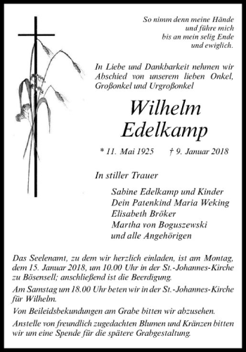 Anzeige von Wilhelm Edelkamp von Westfälische Nachrichten