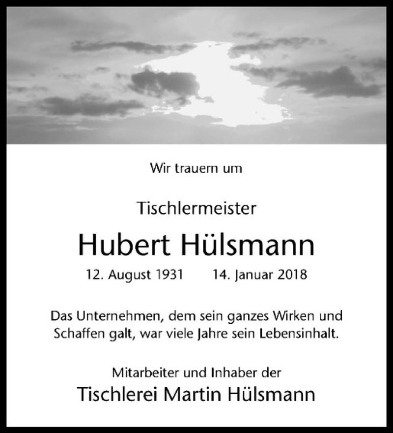  Traueranzeige für Hubert Hülsmann vom 16.01.2018 aus Westfälische Nachrichten