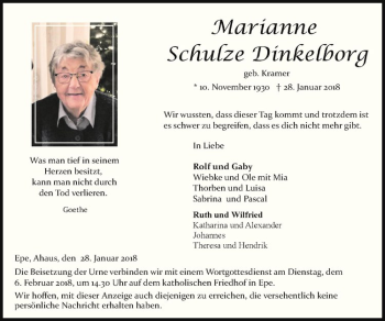 Anzeige von Marianne Schulze Dinkelborg von Westfälische Nachrichten