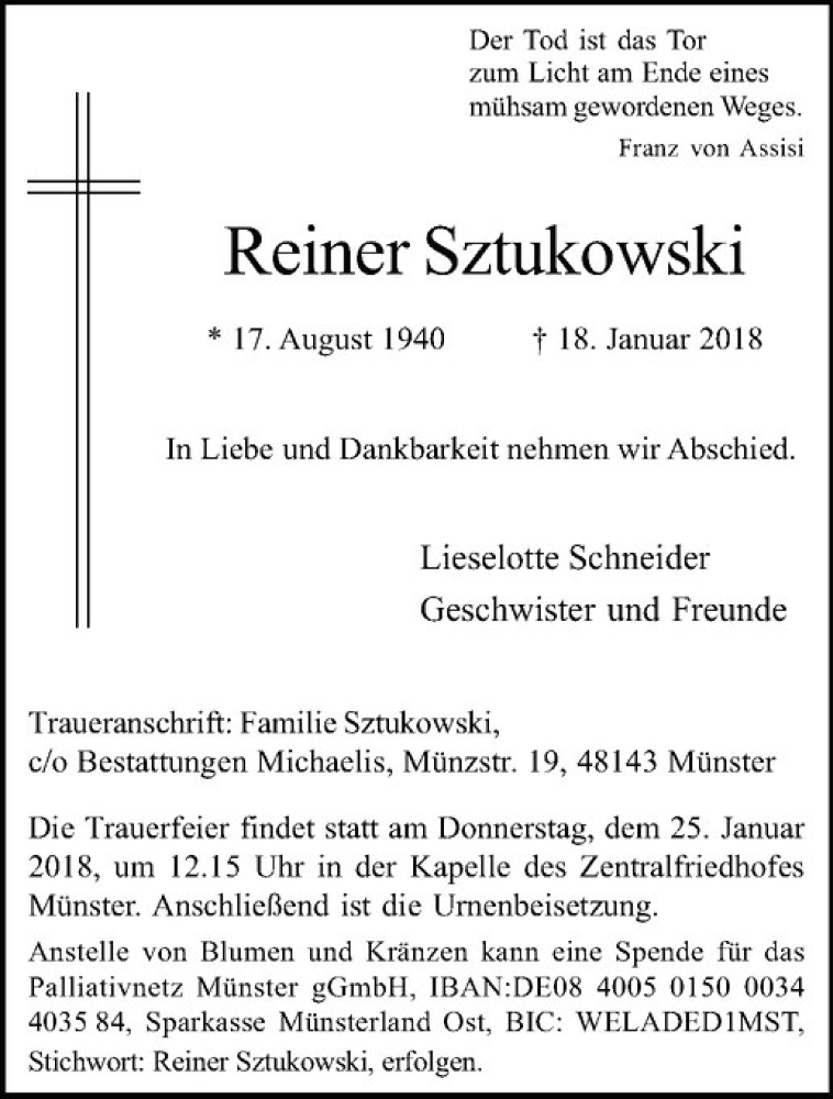  Traueranzeige für Reiner Sztukowski vom 22.01.2018 aus Westfälische Nachrichten