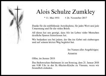 Anzeige von Alois Schulze Zumkley von Westfälische Nachrichten