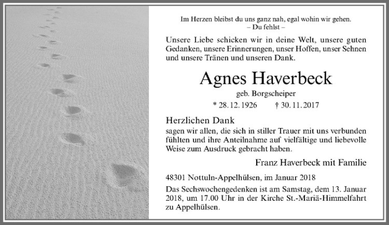  Traueranzeige für Agnes Haverbeck vom 06.01.2018 aus Westfälische Nachrichten