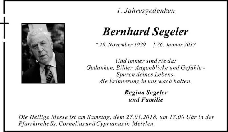  Traueranzeige für Bernhard Segeler vom 20.01.2018 aus Westfälische Nachrichten