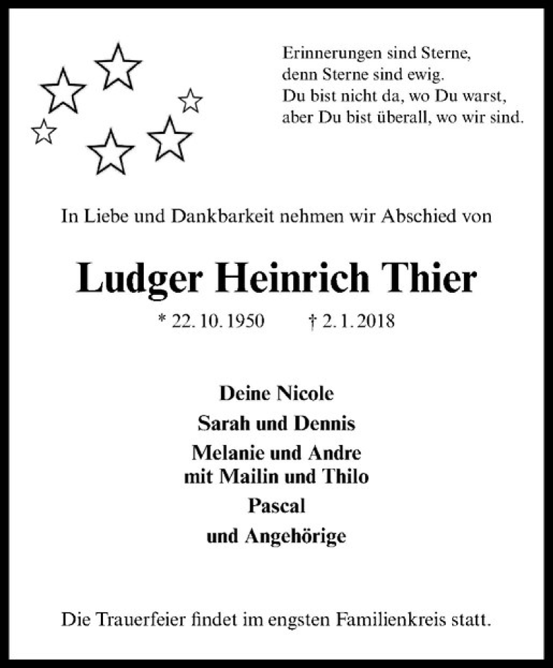  Traueranzeige für Ludger Heinrich Thier vom 06.01.2018 aus Westfälische Nachrichten