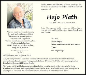 Anzeige von Hajo Plath von Westfälische Nachrichten