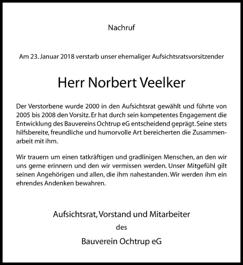  Traueranzeige für Norbert Veelker vom 31.01.2018 aus Westfälische Nachrichten