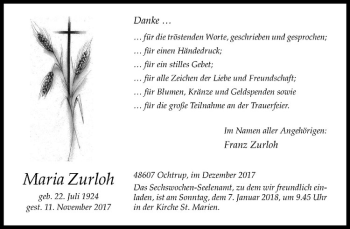 Anzeige von Franz Zurloh von Westfälische Nachrichten