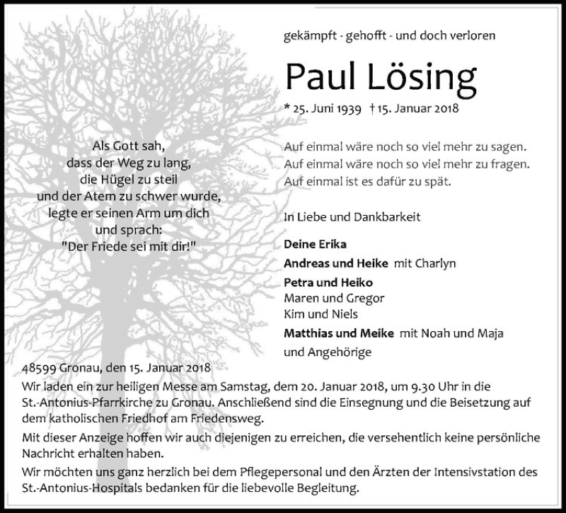  Traueranzeige für Paul Lösing vom 17.01.2018 aus Westfälische Nachrichten