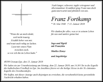 Anzeige von Franz Fortkamp von Westfälische Nachrichten
