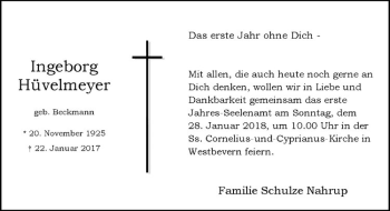 Anzeige von Ingeborg Hüvelmeyer von Westfälische Nachrichten