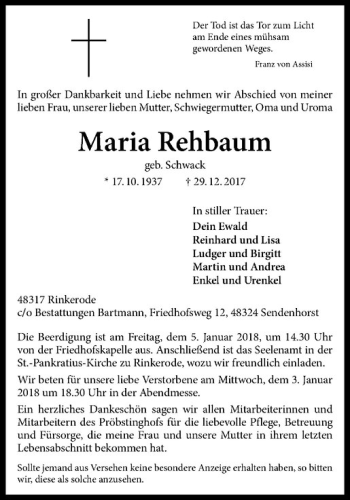 Anzeige von Maria Rehbaum von Westfälische Nachrichten