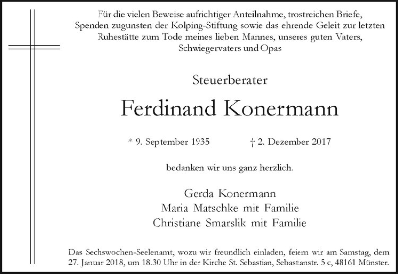  Traueranzeige für Ferdinand Konermann vom 13.01.2018 aus Westfälische Nachrichten