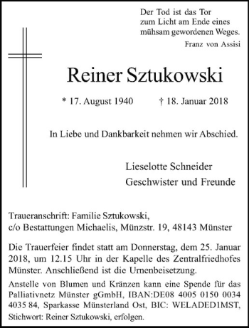 Anzeige von Reiner Sztukowski von Westfälische Nachrichten